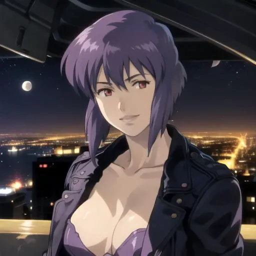 <lora:kusasagimotoko:1>, Motoko Kusanagi, purple hair, red eyes, jacket, leotard, 8k, city background, night, stars, moon, perfect detail, <lora:epiNoiseoffset_v2:1>, head shot, close up portrait:1.3, zoomed in, looking at viewer:1.3, smiling