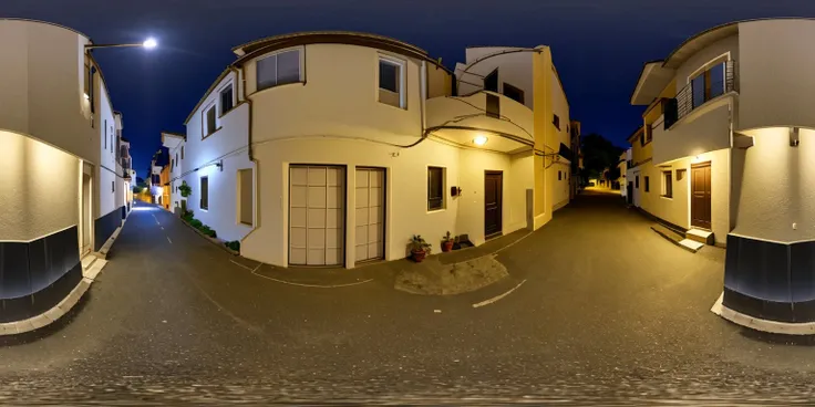<lora:360:1>, panorama,
a street at night with a light on and a lamp post in the distance on the right side of the street,