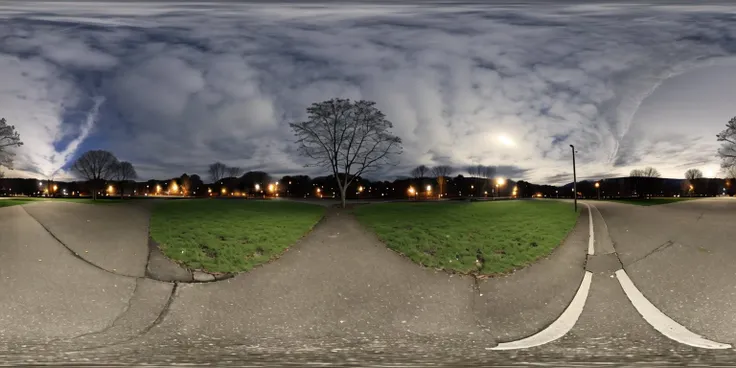 <lora:360:1>, panorama, 360,
a street light shines brightly on a dark night in a park with bare trees and grass on the side,