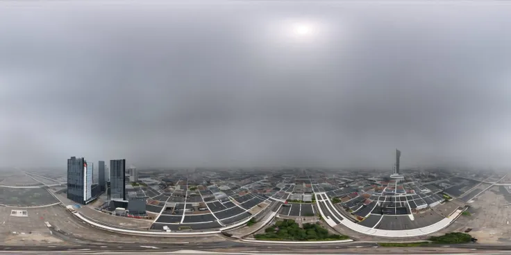 <lora:360:1>, panorama, 360,
a view of a very tall building in the foggy sky from the ground level of the building,