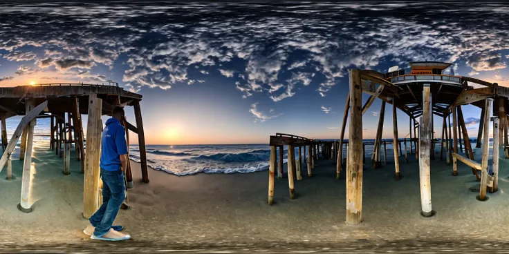 <lora:360:1>, panorama,
a man standing under a pier at night with the sun in the background and the ocean in the foreground,