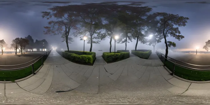 <lora:360:1>, panorama, 360,
a walkway with a light on a foggy night in the park with a bench and lampposts,