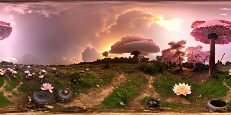 <lora:360:1>, panorama, 360,
nuclear bomb mushroom cloud into gold and pink lotus, dynamic lighting, 8k