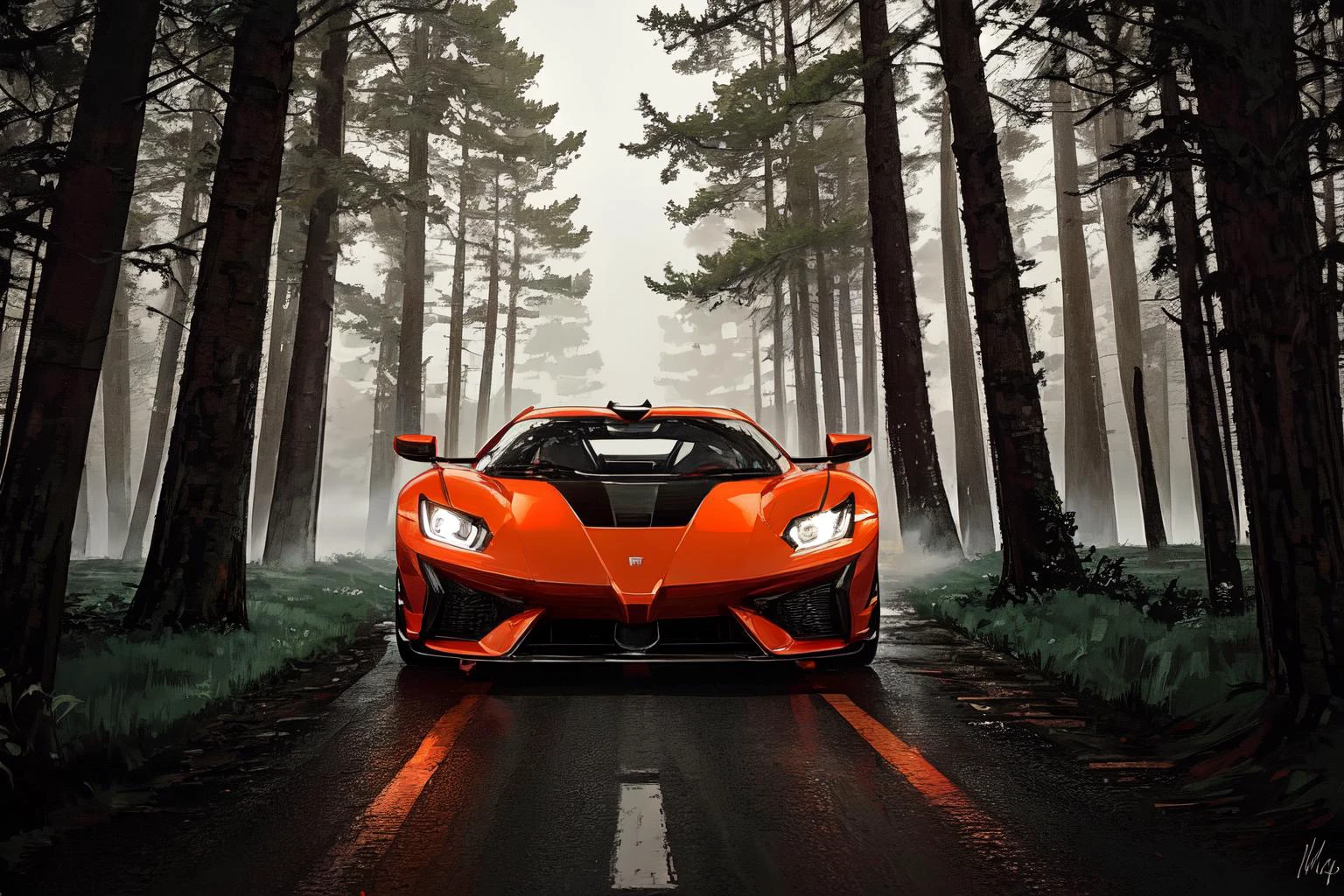 Cinematic style: "Generate a scene of a unique car that doesn't exist, sports and hypercar, unique details and completely different from anything man has ever seen, this car is standing out in the middle of a dark forest of dead trees, and a low fog while the car's orange headlights draw attention.â