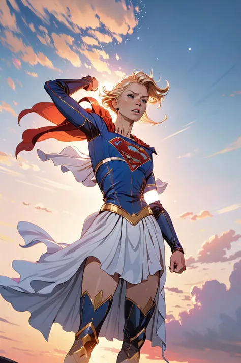 nijistyle, cowboy shot of supergirl, blonde hair, cape, particles, clouds, sky <lora:Fly-10:0.7> flying, <lora:sxz-niji-v2:0.5> , Style-BlurFore, Style-DA, Style-DoF, Style-EMCG