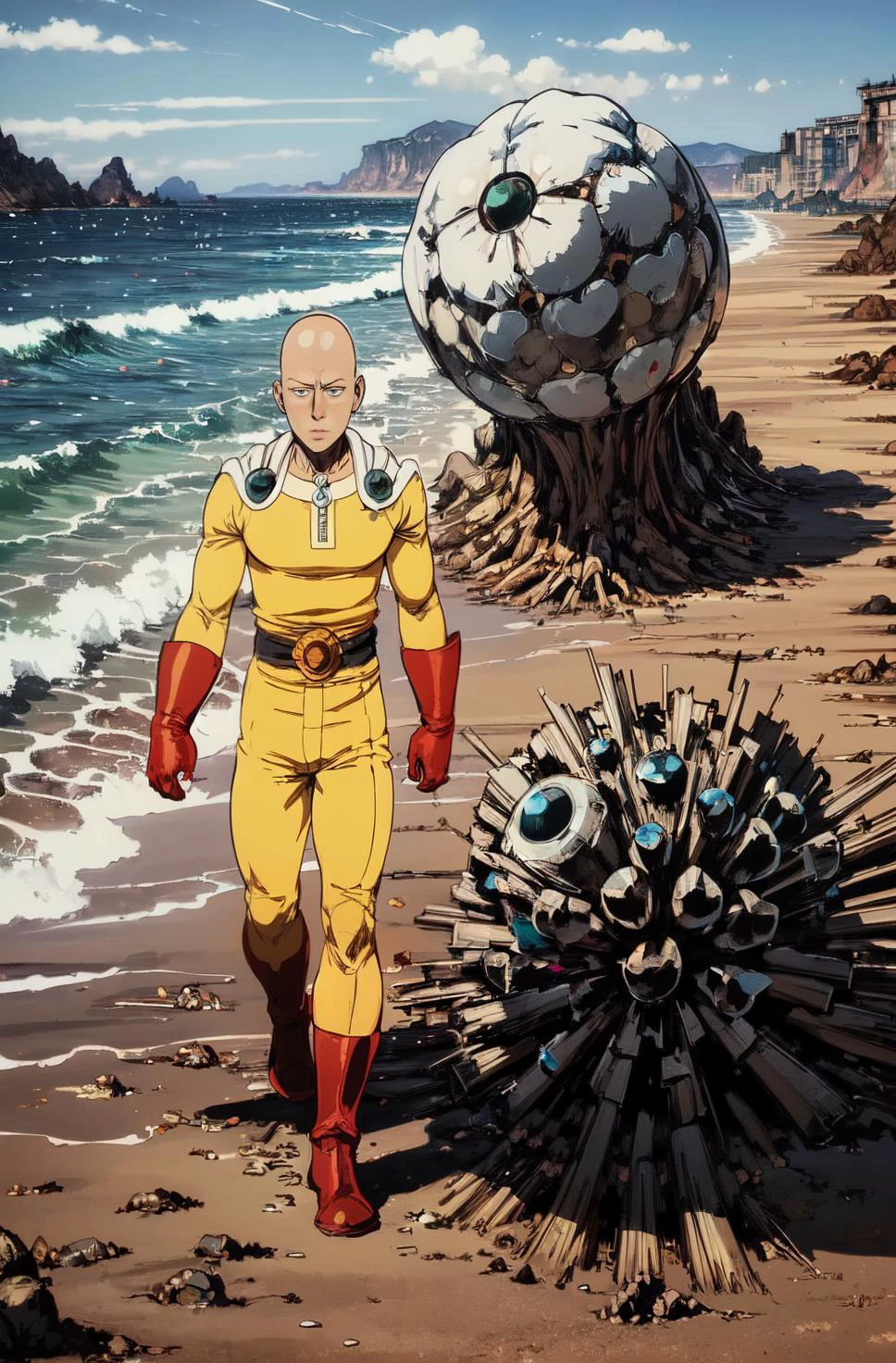 (chemigram:1.4), One Punch Man, strong wind, inspired by Chrono Trigger, (art by Norman Rockwell:1.05), (art by Frank Frazetta:1.1), (art by Mobeius:0.85), (art by Ismail Inceoglu:1.2)
<lora:Saitama-10:1> saitama, anime, one punch, bald man