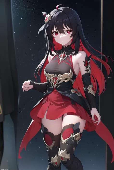 starchasmnyx, <lyco:starchasmnyx-lyco-nochekaiser:1>,
starchasm nyx, antenna hair, hair between eyes, long hair, (red eyes:1.5), red hair, black hair, two-tone hair, (small breasts:1.2),
BREAK bare shoulders, black dress, black footwear, boots, chain, dress, flower, hair ornament, red flower, thigh boots, thighhighs,
BREAK looking at viewer, (full body:1.2),
BREAK outdoors, space, star (sky), starry sky,
BREAK <lyco:GoodHands-beta2:1>, (masterpiece:1.2), best quality, high resolution, unity 8k wallpaper, (illustration:0.8), (beautiful detailed eyes:1.6), extremely detailed face, perfect lighting, extremely detailed CG, (perfect hands, perfect anatomy),