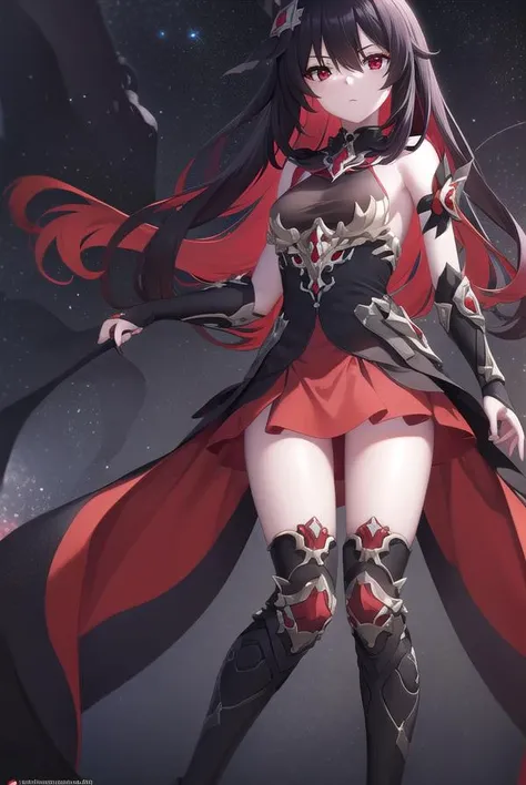 starchasmnyx, <lyco:starchasmnyx-lyco-nochekaiser:1>,
starchasm nyx, antenna hair, hair between eyes, long hair, (red eyes:1.5), red hair, black hair, two-tone hair, (small breasts:1.2),
BREAK bare shoulders, black dress, black footwear, boots, chain, dress, flower, hair ornament, red flower, thigh boots, thighhighs,
BREAK looking at viewer, (full body:1.2),
BREAK outdoors, space, star (sky), starry sky,
BREAK <lyco:GoodHands-beta2:1>, (masterpiece:1.2), best quality, high resolution, unity 8k wallpaper, (illustration:0.8), (beautiful detailed eyes:1.6), extremely detailed face, perfect lighting, extremely detailed CG, (perfect hands, perfect anatomy),