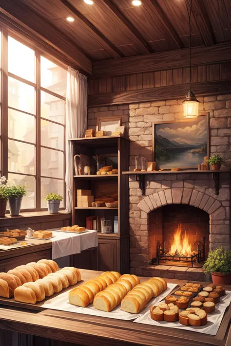 village bakery, aroma of fresh bread, rows of pastries, warm hearth, a gathering place, detailed background, <lora:add_detail:1>, ((masterpiece)), (best quality), 8k, ultra-detailed, absurdress