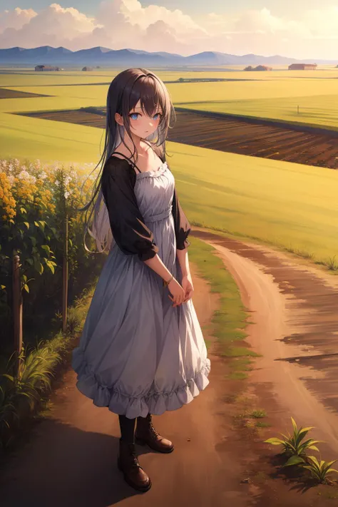 1girl, post-apocalypse, ravaged farmland, withered crops, barren soil, desperate farmers, detailed background, <lora:add_detail:0.3>, ((masterpiece)), (best quality), 8k, ultra-detailed, absurdress