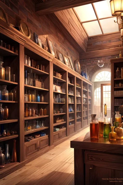 alchemist's laboratory, bubbling potions, shelves of ingredients, mysterious experiments, detailed background, <lora:add_detail:1>, ((masterpiece)), (best quality), 8k, ultra-detailed, absurdress