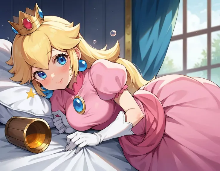 score_9, score_8_up, score_7_up, source_anime,
princesspeach, <lora:princess-peach-chibi-ponyxl-lora-nochekaiser:1>
princess peach, blonde hair, blue eyes, long hair, smile,
crown, dress, gem, gloves, pink dress, puffy short sleeves, puffy sleeves, short sleeves, white gloves,
indoors, bed, bed room, on side, blush, drunk,
looking at viewer, dutch angle, cowboy shot