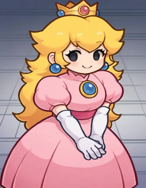 score_9, score_8_up, score_7_up, source_anime,
princesspeach, <lora:paper-peach-ingame-ponyxl-lora-nochekaiser:0.8>,
peach, long hair, blonde hair, chibi, solid oval eyes, no sclera, black eyes, eyelashes,
gloves, dress, jewelry, earrings, elbow gloves, crown, pink dress,
indoors, bent over, smile,
looking at viewer, solo, dutch angle, cowboy shot,
