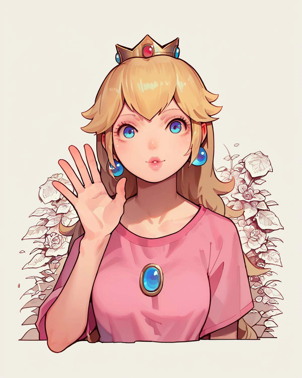 score_9, score_8_up, score_7_up, sirmuk, 1girl, solo, princess peach, waving, looking at viewer, garden background<lora:Muk_style_PDXL:0.90> <lora:princess-peach-ponyxl-lora-nochekaiser:1>