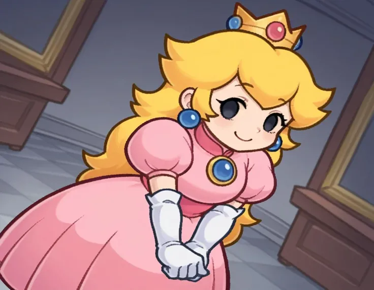 score_9, score_8_up, score_7_up, source_anime,
princesspeach, <lora:paper-peach-ingame-ponyxl-lora-nochekaiser:0.8>,
peach, long hair, blonde hair, chibi, solid oval eyes, no sclera, black eyes, eyelashes,
gloves, dress, jewelry, earrings, elbow gloves, crown, pink dress,
indoors, bent over, smile,
looking at viewer, solo, dutch angle, cowboy shot,