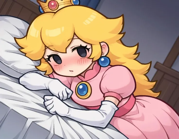 score_9, score_8_up, score_7_up, source_anime,
princesspeach, <lora:paper-peach-ingame-ponyxl-lora-nochekaiser:0.8>,
peach, long hair, blonde hair, chibi, solid oval eyes, no sclera, black eyes, eyelashes,
gloves, dress, jewelry, earrings, elbow gloves, crown, pink dress,
indoors, bed, bed room, on side, blush, drunk,
looking at viewer, solo, dutch angle, cowboy shot,
