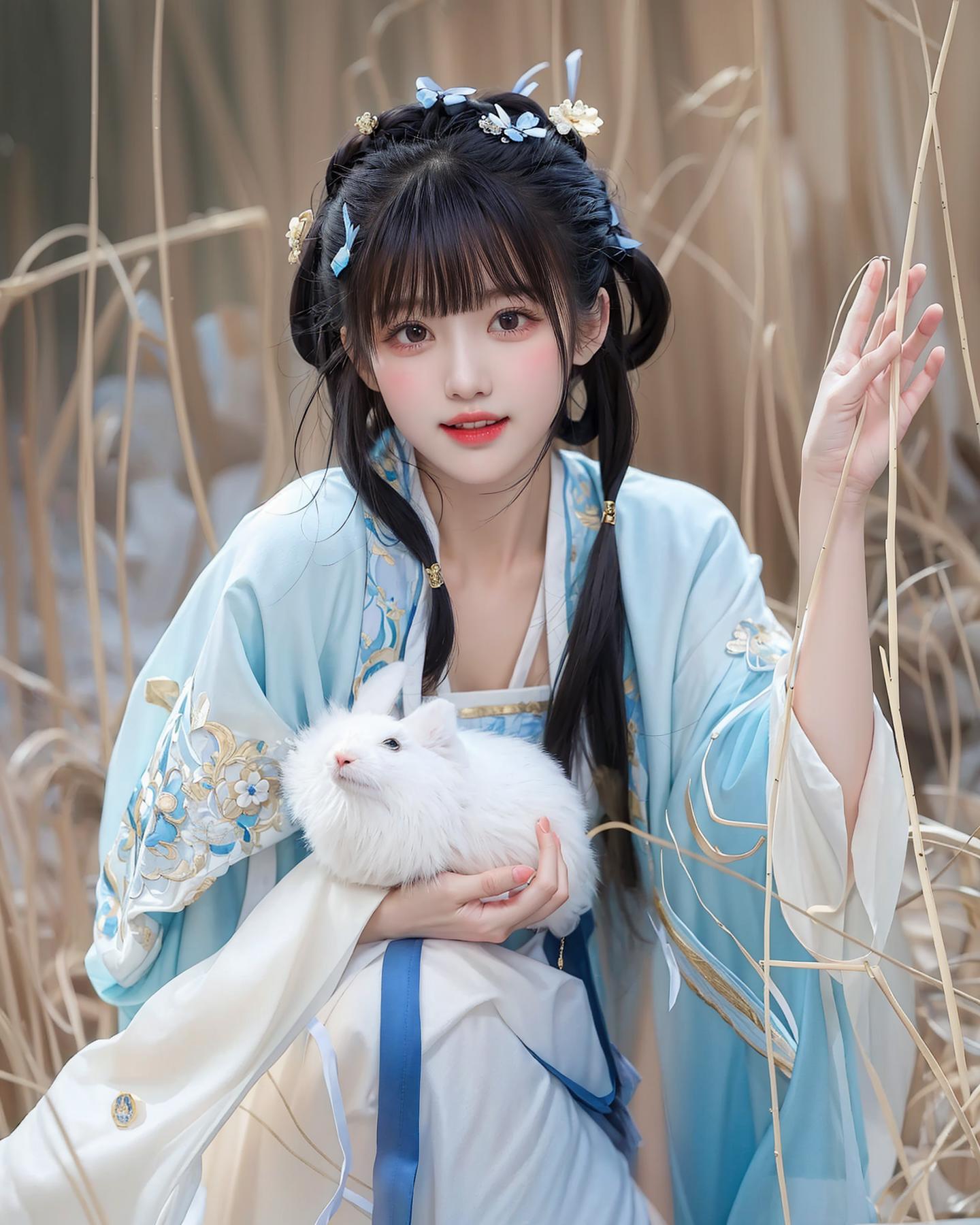 Araffe woman in a blue and white dress holding a white rabbit - SeaArt AI