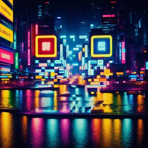 The stunning colors of an award winning, globally acclaimed RAW photo titled 'Luminous Symphony', the photo depicts A cityscape at night, adorned with a dazzling display of neon lights, resembling a symphony of colors, celebrating the vibrant rhythm of urban life., hyperrealism, hyperrealistic, hyper detailed, 8K