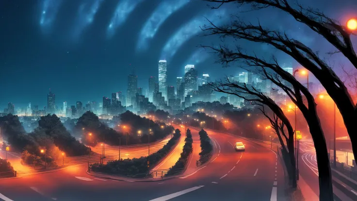 city,cityscape,night,city lights,road,outdoors,tree,car,night sky,