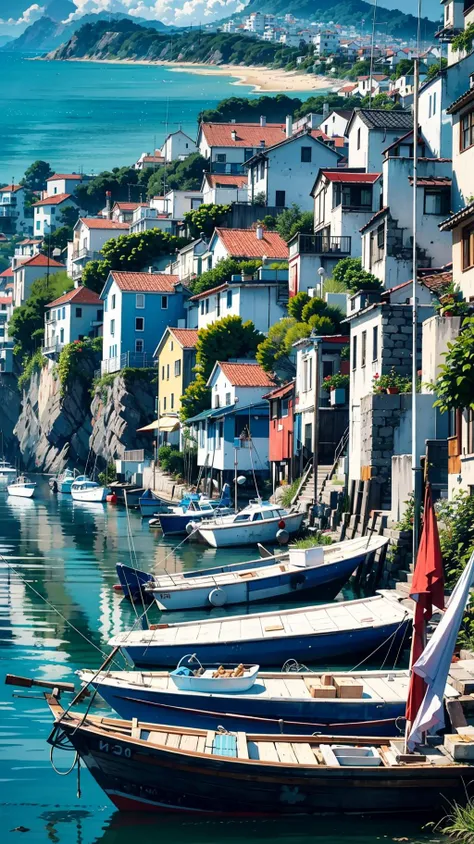 Op Art, Elaborate and intricately crafted, A sun-drenched coastal village, with colorful houses and fishing boats dotting the shore, cloudy, motivated light