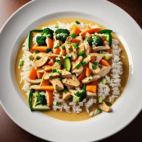 A RAW photo of a delicious plate of Rice, mixed vegetables, thinly sliced chicken in a coconut milk curry sauce, hyperrealism, hyperrealistic, octane render, hyper detailed, 8K