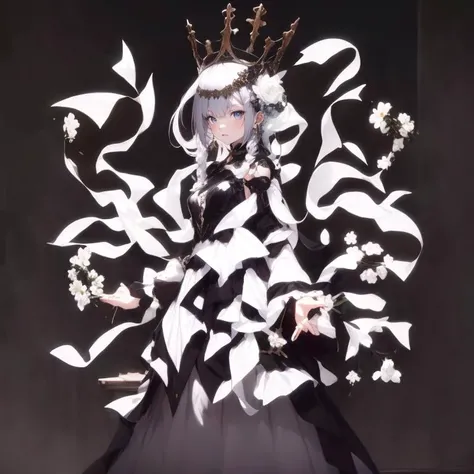 absurdres, highres, ultra detailed, (1 girl:1.3), full body, from side, ultra wide shot,
BREAK solo, jewelry, dress, earrings, flower, white hair, crown, white flower, holding, tassel, grey eyes, bangs, long sleeves, standing, indoors, braid, wide sleeves, white dress,
BREAK (lora:add_detail:1)