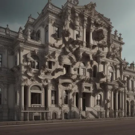 A RAW photo of Baroque rococo architecture, architectural photography, post apocalyptic New York, hyperrealism, [roots], hyperrealistic, octane render, cinematic, hyper detailed, 8K