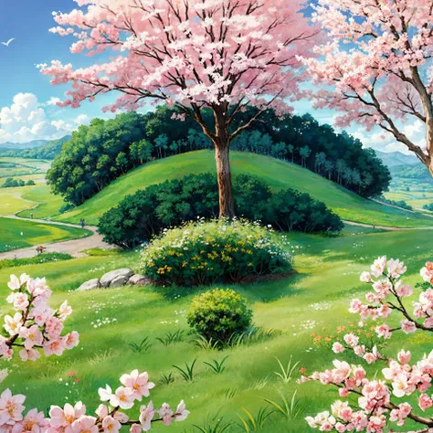 spring, cherry tree, green grass, forrest