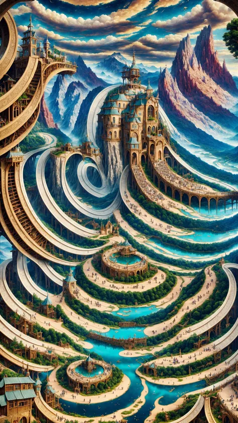 (best quality, highly detailed, intricate, photorealistic:1.2), scenery, human zoo, crowd, fantasy town, pond, forest, mountains, surrealism, framed <lora:more_details:0.6>