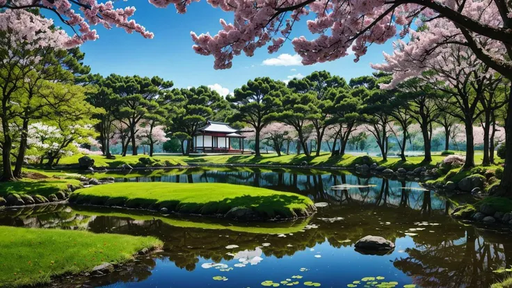 spring, cherry tree, green grass, forrest, japanese pond, stones, crystaline water, blue sky crystaline water,
