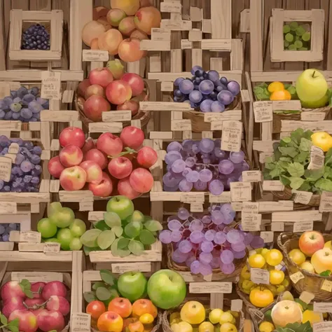 perspective, market, shelf, fruits, vegetables, apple, orange, grape, tomato, corn, price tag, wooden