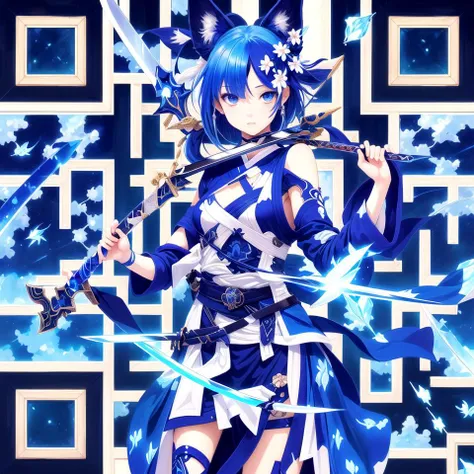 ((masterpiece, best quality)),a girl holding a sword, in the style of dark azure and light azure, mixes realistic and fantastical elements, vibrant manga, uhd image, glassy translucence, vibrant illustrations.