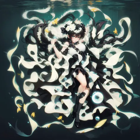 ultra-fine painting,masterpiece,highres,BREAK,1girl, solo, long hair, dress, green eyes, black hair, underwater, fish,Bubbles,look up, black dress, braid, very long hair, sleeveless dress