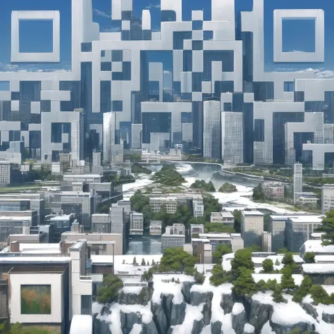 a painting of a city with a river and buildings on the hillside and a sky background with clouds and snow on the ground and a blue sky, a detailed matte painting