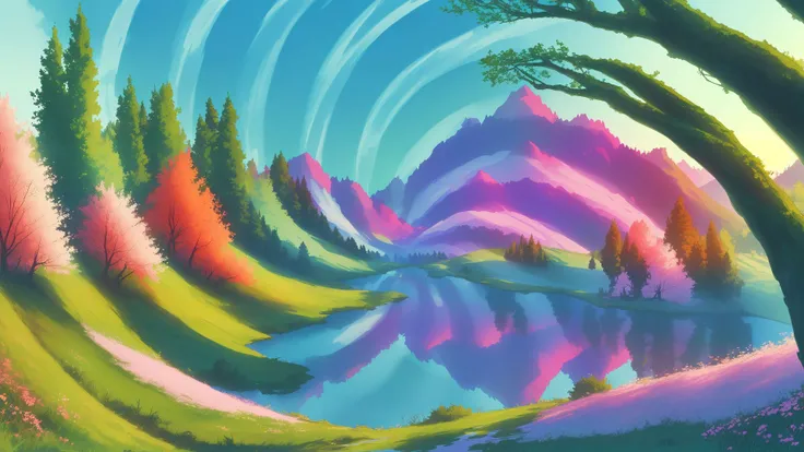 in spring,colourful glass,gradient_sky,lake,nature,in a meadow,outdoors,Dreamy forest,day,absurdres,highres,wallpaper,landscape,fantasy,