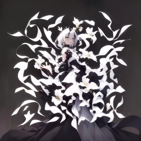 absurdres, highres, ultra detailed, (1 girl:1.3), full body, from side, ultra wide shot, BREAK solo, jewelry, dress, earrings, flower, white hair, white flower, holding, tassel, grey eyes, bangs, long sleeves, standing, indoors, braid, wide sleeves, white dress, BREAK (lora:add_detail:1)