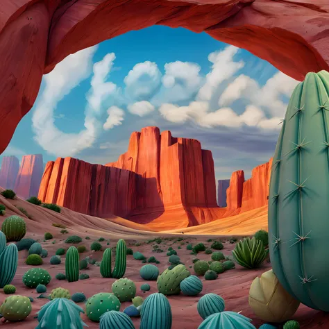 masterpiece, best quality, high quality, view from below, novel illustration, wide shot, desert, great canyon, drawning, cacti:0.2, comix, rich warm color, cartoon, deep blue skyes, clouds, <lora:add_detail:1.5>