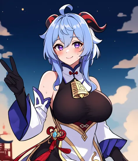 ((masterpiece)), (best quality:1.7), (detailed:1.4), (high res:1.4), 8k, (colorful:1.5), 2d, high resolution, sharped image, 4k, hd, ganyu_genshin, 1girl, solo, long hair, ((blue hair)), purple eyes, big breasts, ahoge, embarresed, borrowed, sweat, smile, blush, looking at viewer, detached sleeves, (((white sleeves))), bodystocking, horns, red horns, bell, chinese knot, neck bell, bare shoulders, vision (genshin impact), ((gloves)), sidelocks, gold trim, tassel, black gloves, flower knot, white skirt, white ornament skirt, moon, sky, night, night sky, clouds, city, chinese city, lights, chinese lights, ((purple tones)), (((peace symbol))), chinese tematic, <lora:ganyu_genshin:0.6>, <lora:thickerLinesanimeStyle:0.6>