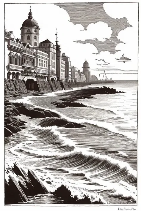 Coastal City shoreline, illustration by Roy Krenkel