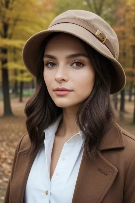 hyper realistic photo of the Fall Outfits collection, a realistic brunette, in a brown coat with a hat on her head, against the background of an autumn landscape. detailed skin, vogue style, new york, natural light, realistic, fashion catalog, 8K, macro, close-up, hyper detailed, trending on artstation, sharp focus, studio photo, intricate details, very detailed, author