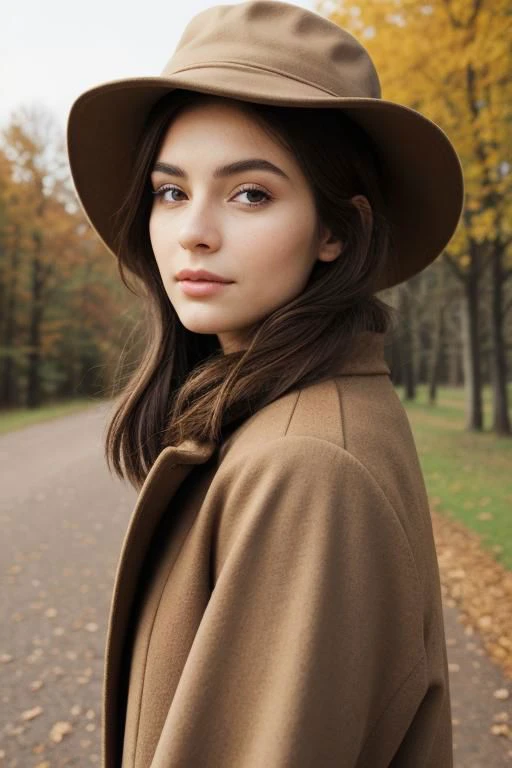 hyper realistic photo of the Fall Outfits collection, a realistic brunette, in a brown coat with a hat on her head, against the background of an autumn landscape. detailed skin, vogue style, new york, natural light, realistic, fashion catalog, 8K, macro, close-up, hyper detailed, trending on artstation, sharp focus, studio photo, intricate details, very detailed, author