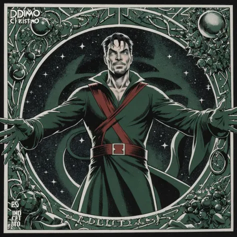 <lora:steveditkostyle:1> steveditko, green christmas card, doctor strange