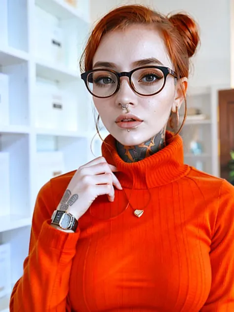 m0rg1n as fashionable secretary at tech startup, straight auburn hair in neat bun, round glasses, fit, big breasts, tanned face, lime tight turtleneck sweater <lora:m0rg1n_v2-000006:1>