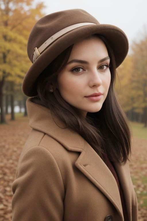 hyper realistic photo of the Fall Outfits collection, a realistic brunette, in a brown coat with a hat on her head, against the background of an autumn landscape. detailed skin, vogue style, new york, natural light, realistic, fashion catalog, 8K, macro, close-up, hyper detailed, trending on artstation, sharp focus, studio photo, intricate details, very detailed, author