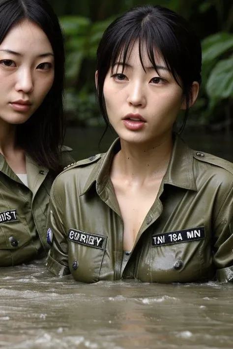female japanese Soldiers, Wetshirts, camouflage jackets, military fatigues, raining, rainforest, fording a river, downpour, close-up, white undershirts, group shot