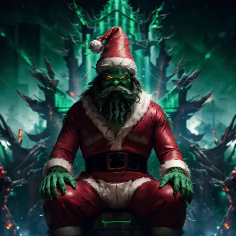 <lora:aioverlord:1> aioverlord, an evil (green santa costume), glowing green eyes, sitting on a 9throne made from code), machines, dystopian christmas, presents on fire in the background, broken holographic christmas tree,
