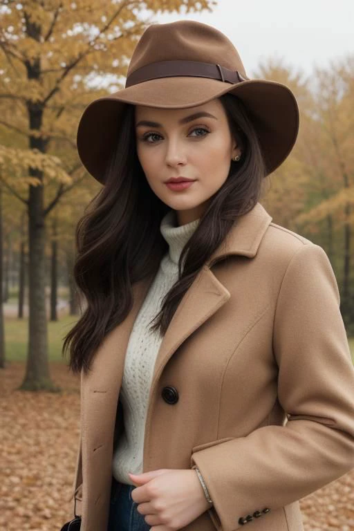 hyper realistic photo of the Fall Outfits collection, a realistic brunette, in a brown coat with a hat on her head, against the background of an autumn landscape. detailed skin, vogue style, new york, natural light, realistic, fashion catalog, 8K, macro, close-up, hyper detailed, trending on artstation, sharp focus, studio photo, intricate details, very detailed, author