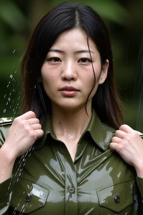 female japanese Soldiers, Wetshirts, camouflage jackets, military fatigues, raining, rainforest, fording a river, downpour, close-up, white undershirts, group shot