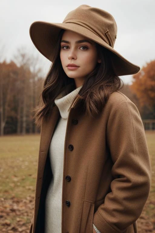 hyper realistic photo of the Fall Outfits collection, a realistic brunette, in a brown coat with a hat on her head, against the background of an autumn landscape. detailed skin, vogue style, new york, natural light, realistic, fashion catalog, 8K, macro, close-up, hyper detailed, trending on artstation, sharp focus, studio photo, intricate details, very detailed, author