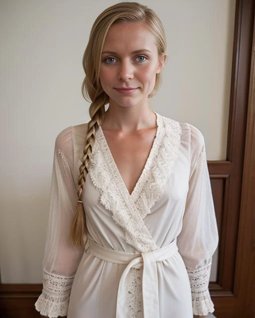 1970s \(style\) photo of fit, thin 21 year old jp-SvetaF-v2 ,Classic braids, dewy makeup , Silk robe with lace trim, tied at the waist , Vintage boudoir setting , Minolta XD-11, 45mm f/2, 1/125s, ISO 400, Fujicolor 200
